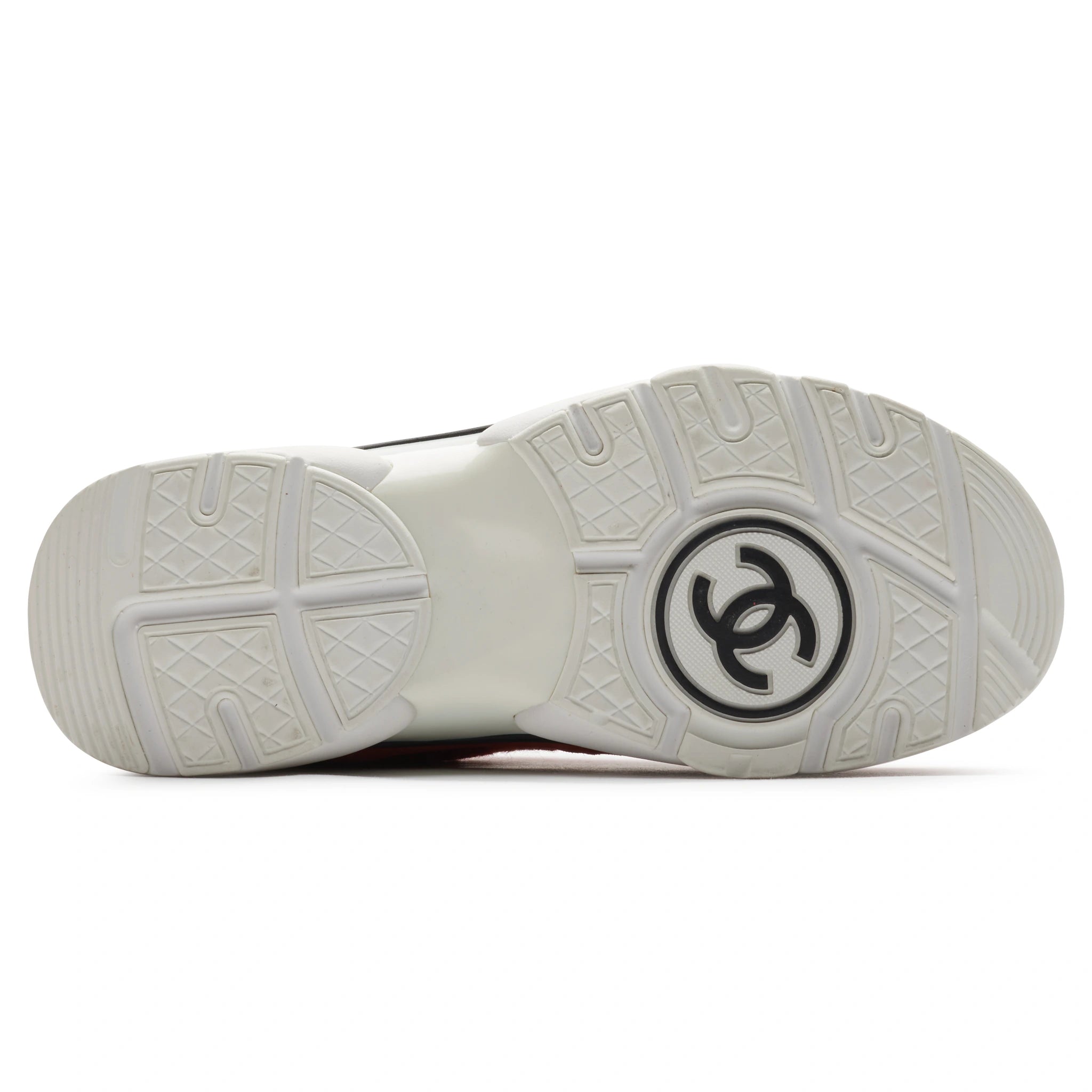 Sole view of Chanel CC Logo Suede Red Tweed Sneaker